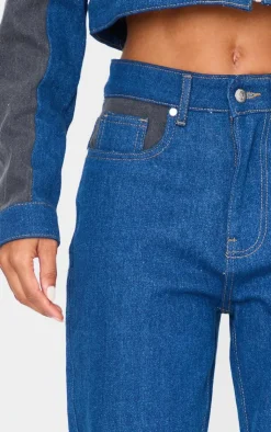 Sale PrettyLittleThing And Black Contrast Panel Wide Leg Jeans Dark Blue