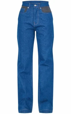 Sale PrettyLittleThing And Black Contrast Panel Wide Leg Jeans Dark Blue