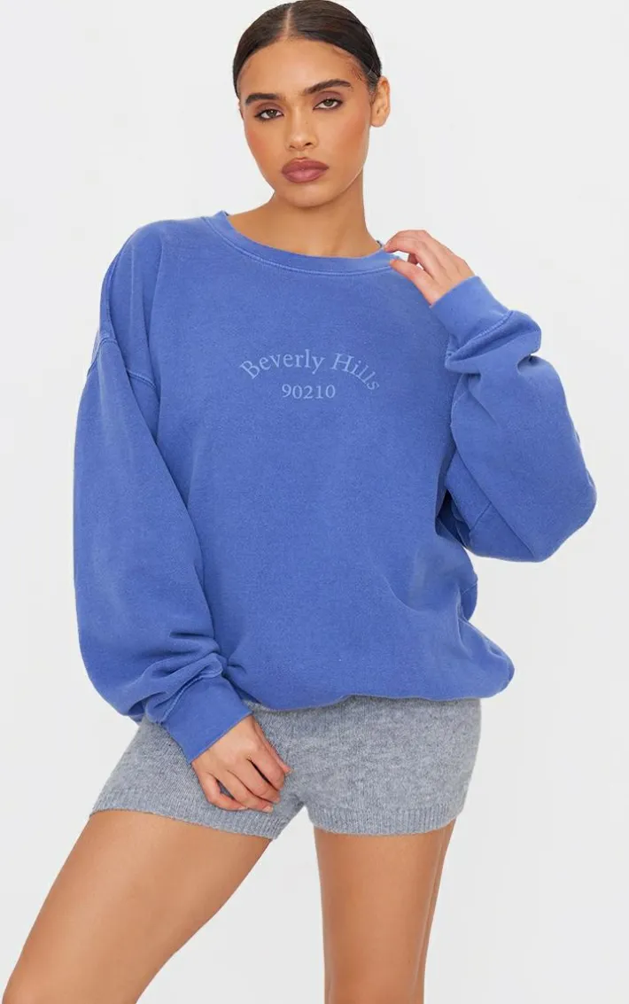 Dark Blue Beverly Hills Printed Washed Sweatshirt