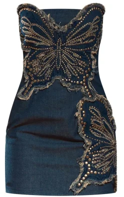 Butterfly Denim Applique Bandeau Mini Dress-PrettyLittleThing Outlet