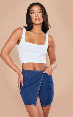Dark Blue Contrast Stitch Lightweight Twill Fold Over Mini Skirt