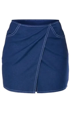 Dark Blue Contrast Stitch Lightweight Twill Fold Over Mini Skirt