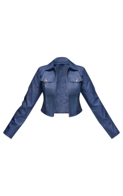 Best PrettyLittleThing Faux Denim Long Sleeve Jacket Dark Blue