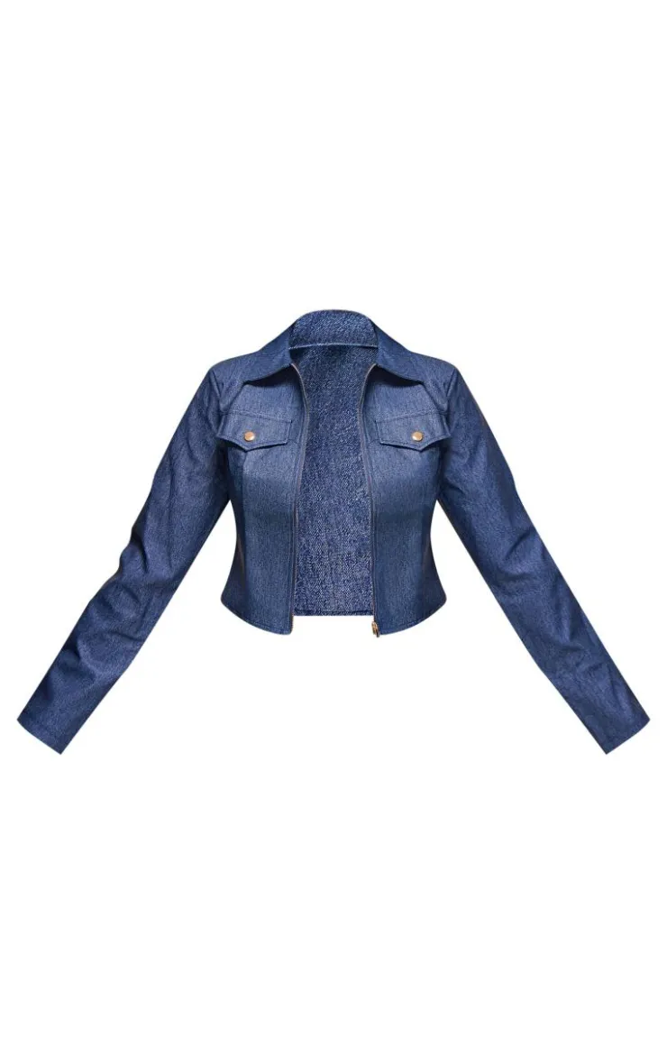 Best PrettyLittleThing Faux Denim Long Sleeve Jacket Dark Blue