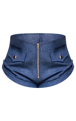 Clearance PrettyLittleThing Faux Denim Zip Up Detail Hot Pants Dark Blue