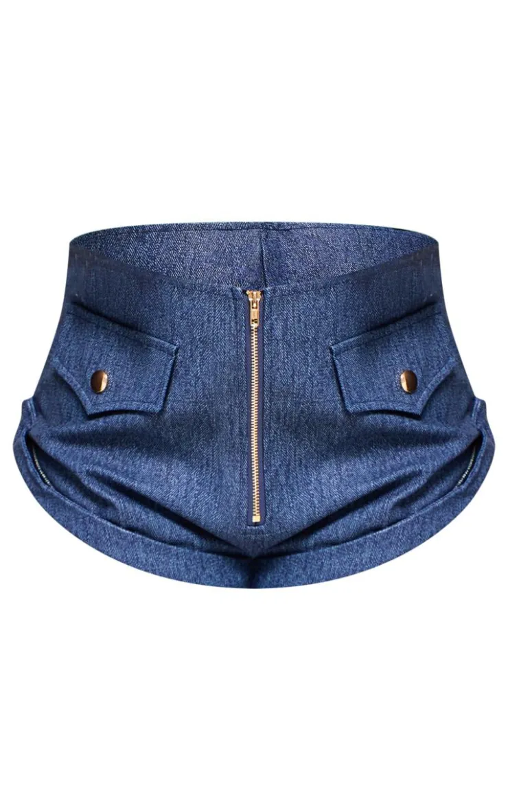 Clearance PrettyLittleThing Faux Denim Zip Up Detail Hot Pants Dark Blue