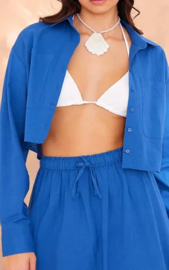 PrettyLittleThing Linen Look Cropped Pocket Detail Shirt Dark Blue