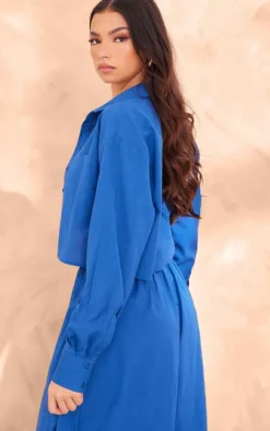 PrettyLittleThing Linen Look Cropped Pocket Detail Shirt Dark Blue