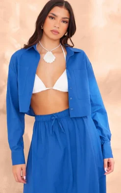 PrettyLittleThing Linen Look Cropped Pocket Detail Shirt Dark Blue