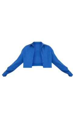 PrettyLittleThing Linen Look Cropped Pocket Detail Shirt Dark Blue