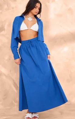 Clearance PrettyLittleThing Linen Look Drawstring Waist Maxi Skirt Dark Blue