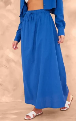 Clearance PrettyLittleThing Linen Look Drawstring Waist Maxi Skirt Dark Blue