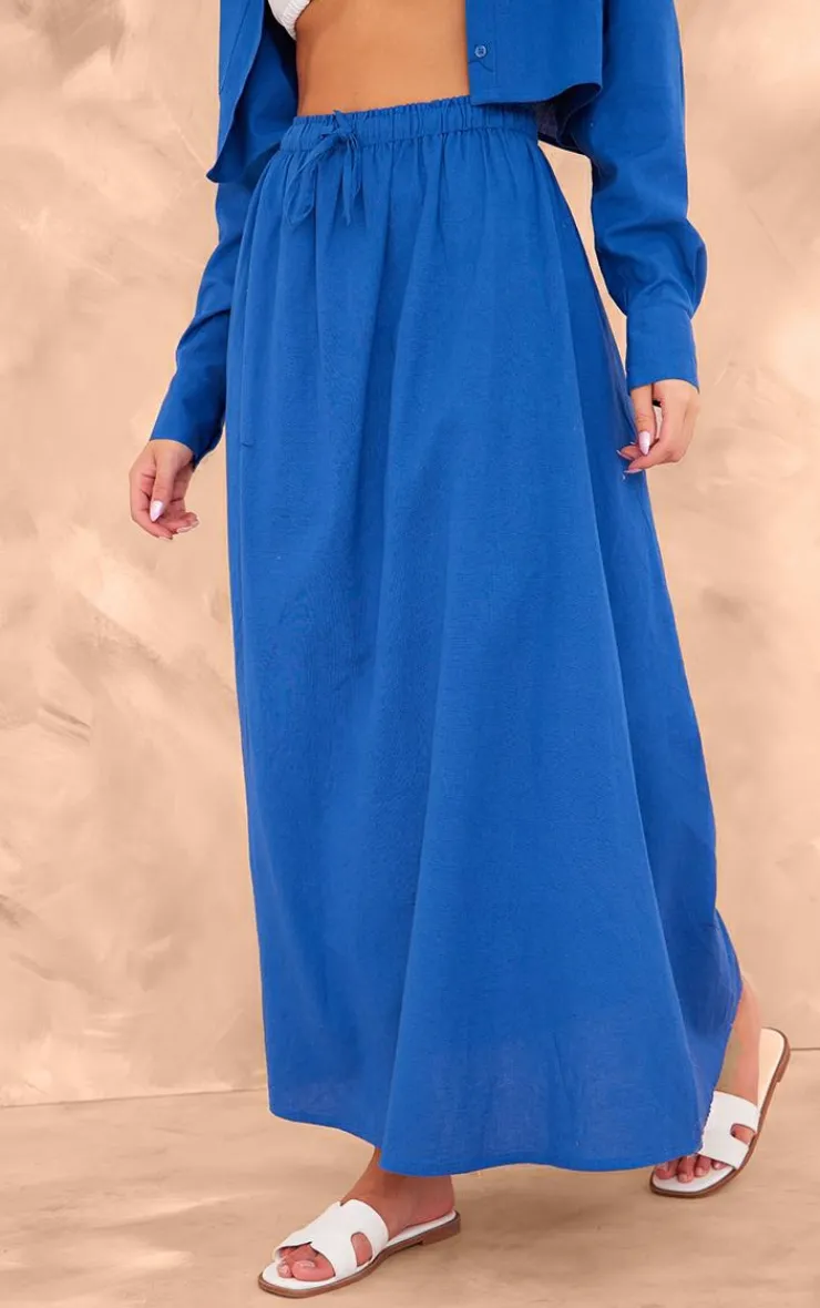 Clearance PrettyLittleThing Linen Look Drawstring Waist Maxi Skirt Dark Blue