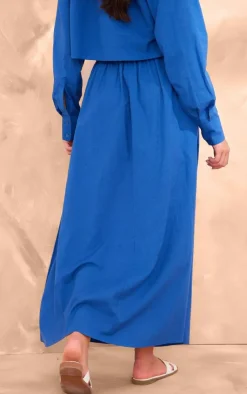 Clearance PrettyLittleThing Linen Look Drawstring Waist Maxi Skirt Dark Blue