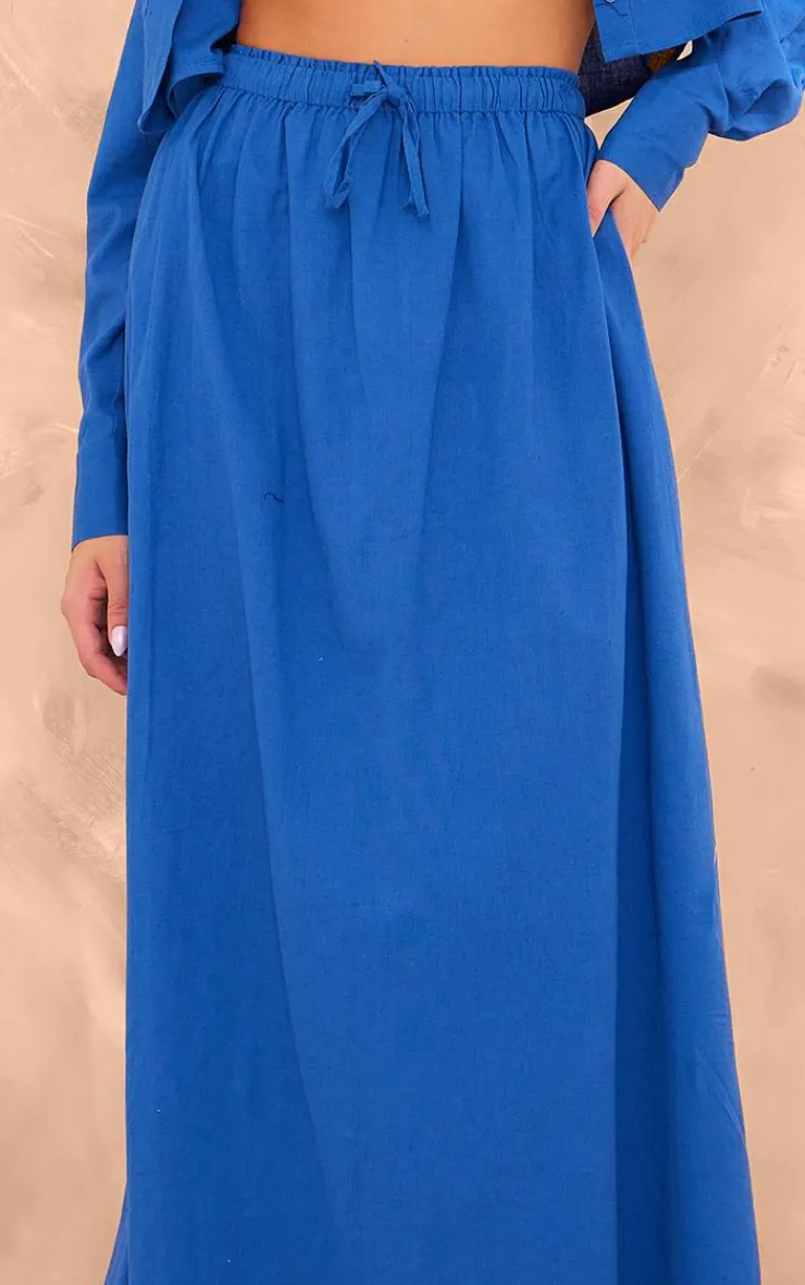 Clearance PrettyLittleThing Linen Look Drawstring Waist Maxi Skirt Dark Blue