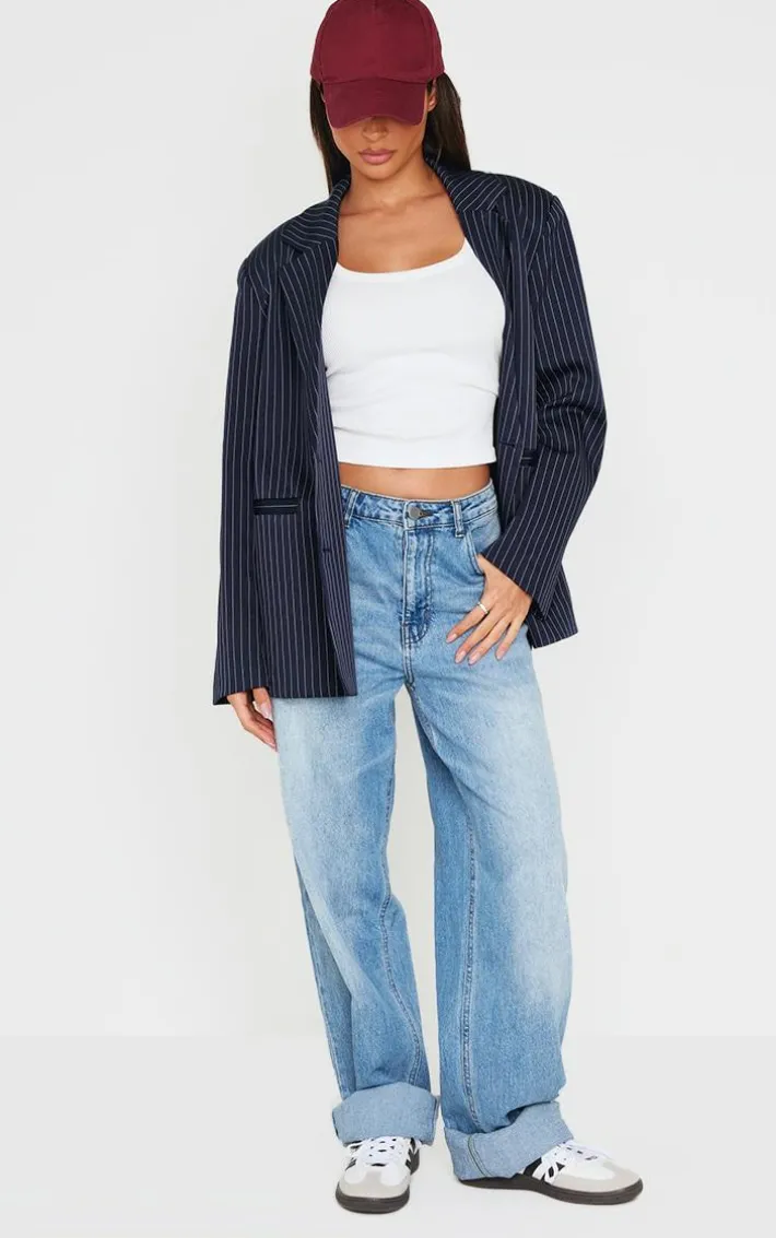 Dark Blue Pinstripe Double Breasted Oversized Blazer