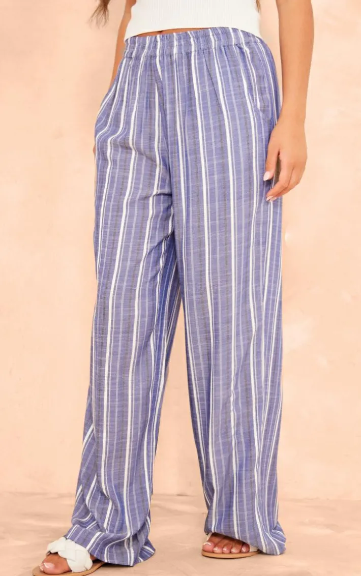 Dark Blue Pinstripe Linen Look Elasticated Waist Pants