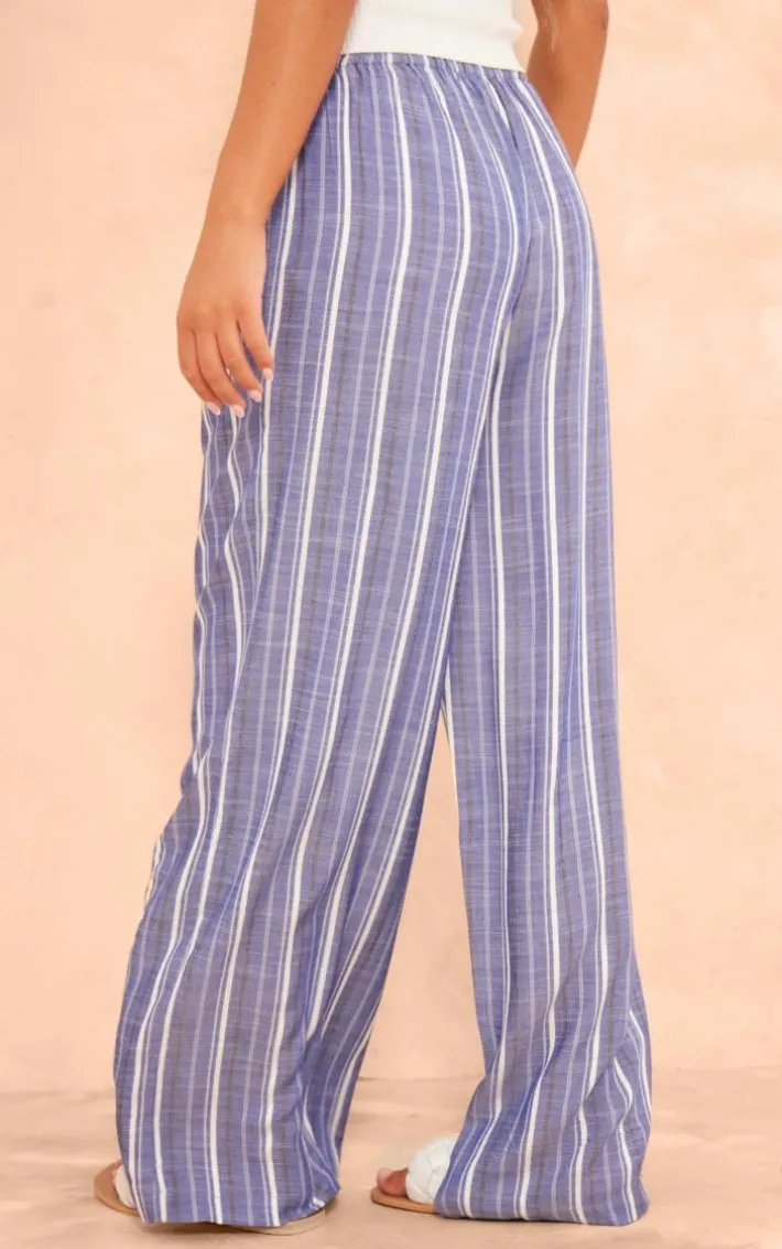 Dark Blue Pinstripe Linen Look Elasticated Waist Pants