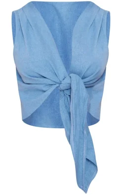 Dark Blue Premium Linen Look Knot Crop Top