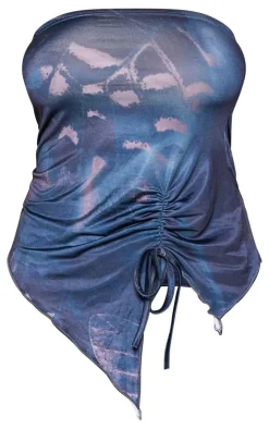 PrettyLittleThing Print Slinky Ruched Asymmetric Bandeau Dark Blue