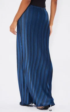 Dark Blue Printed Plisse Maxi Skirt