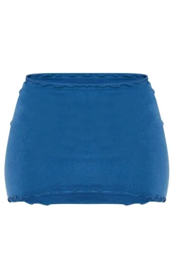 New PrettyLittleThing Soft Knit Scallop Edge Micro Mini Skirt Dark Blue
