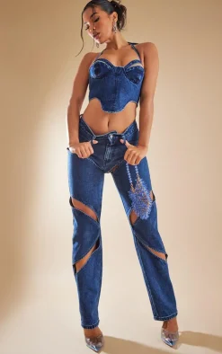Dark Blue Wash Cut Out Thigh Straight Leg Jeans