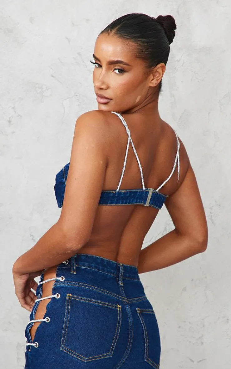 New PrettyLittleThing Diamante Strap Denim Bralet Dark Blue Wash