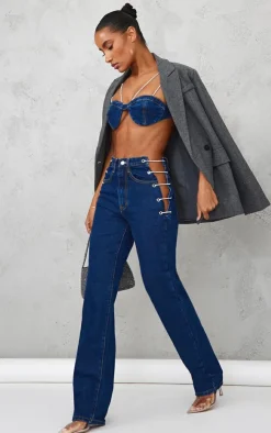 New PrettyLittleThing Diamante Strap Denim Bralet Dark Blue Wash