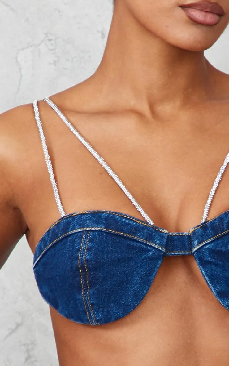 New PrettyLittleThing Diamante Strap Denim Bralet Dark Blue Wash