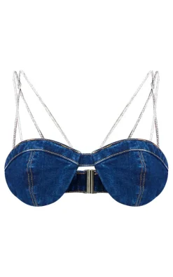 New PrettyLittleThing Diamante Strap Denim Bralet Dark Blue Wash