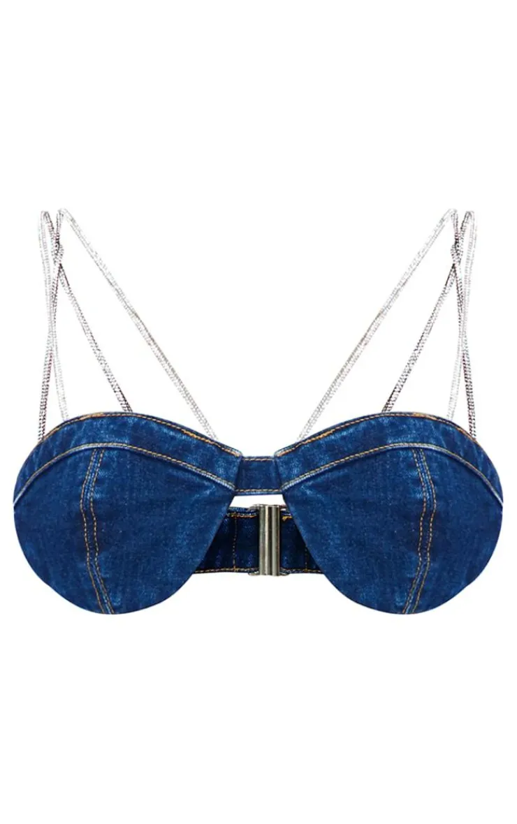 New PrettyLittleThing Diamante Strap Denim Bralet Dark Blue Wash