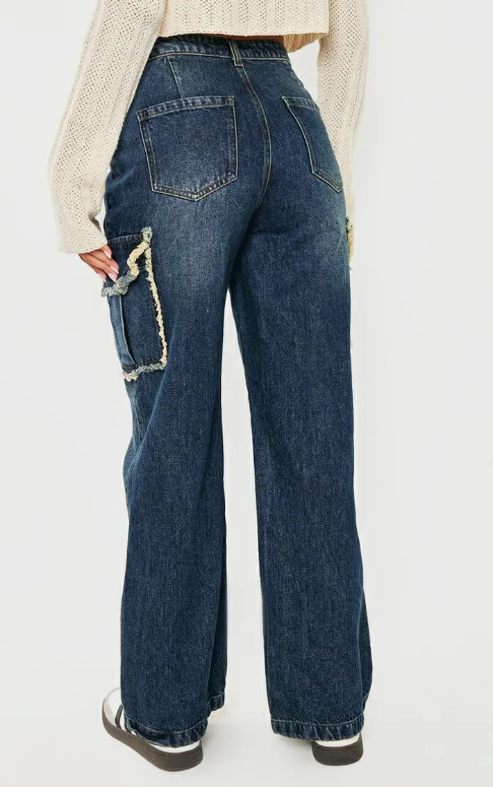 Dark Blue Wash Frayed Seam Cargo Pocket Boyfriend Jeans