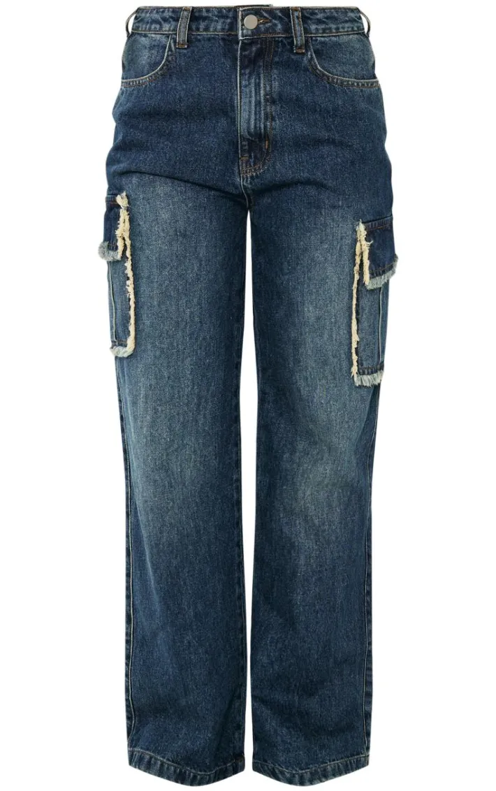 Dark Blue Wash Frayed Seam Cargo Pocket Boyfriend Jeans