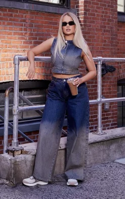 Dark Blue Wash Ombre Low Rise Wide Leg Jeans