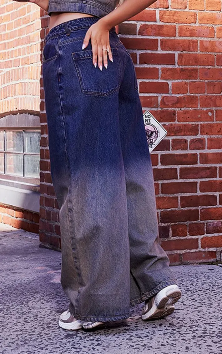 Dark Blue Wash Ombre Low Rise Wide Leg Jeans