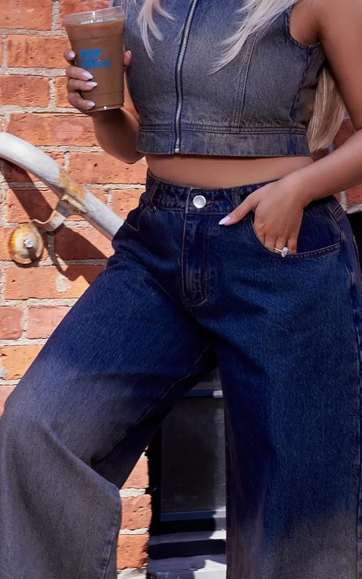 Dark Blue Wash Ombre Low Rise Wide Leg Jeans