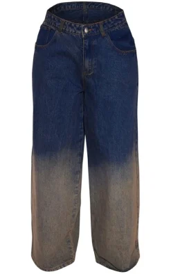 Dark Blue Wash Ombre Low Rise Wide Leg Jeans