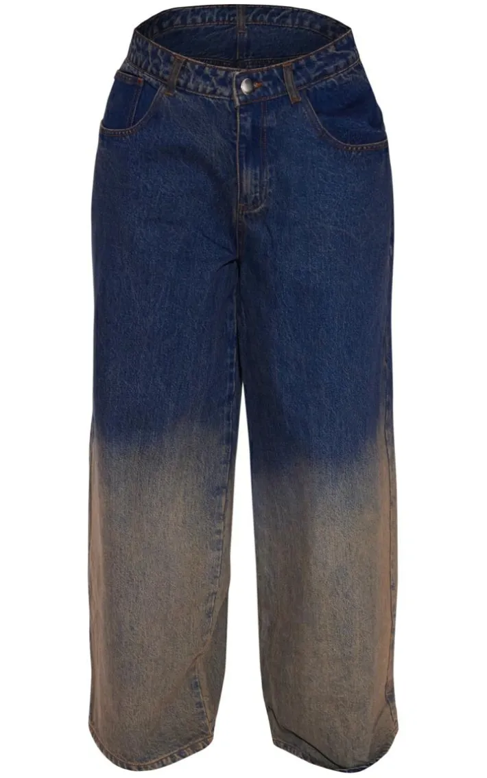 Dark Blue Wash Ombre Low Rise Wide Leg Jeans