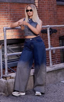 Dark Blue Wash Ombre Low Rise Wide Leg Jeans