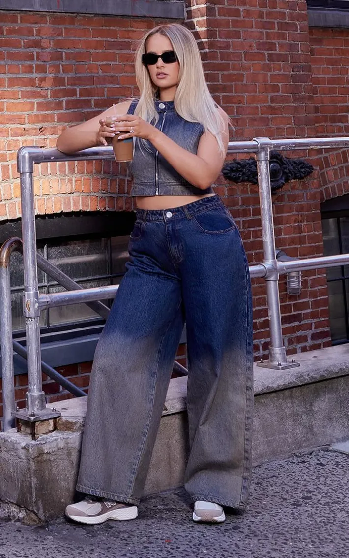 Dark Blue Wash Ombre Low Rise Wide Leg Jeans