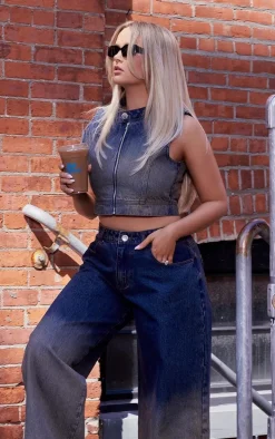 Dark Blue Wash Ombre Motorcross Denim Top
