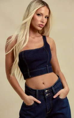 Discount PrettyLittleThing One Shoulder Waistband Hem Denim Top Dark Blue Wash