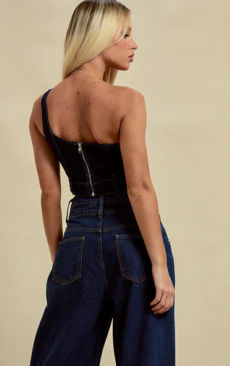 Discount PrettyLittleThing One Shoulder Waistband Hem Denim Top Dark Blue Wash