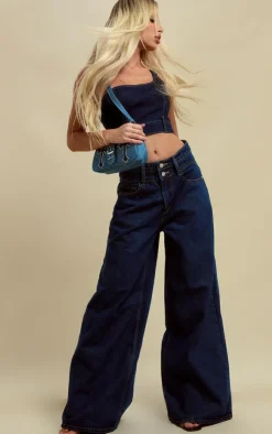 Discount PrettyLittleThing One Shoulder Waistband Hem Denim Top Dark Blue Wash