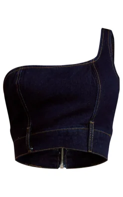Discount PrettyLittleThing One Shoulder Waistband Hem Denim Top Dark Blue Wash