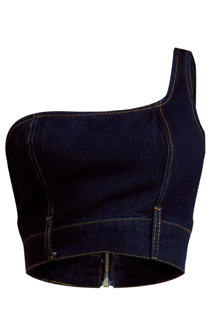 Discount PrettyLittleThing One Shoulder Waistband Hem Denim Top Dark Blue Wash
