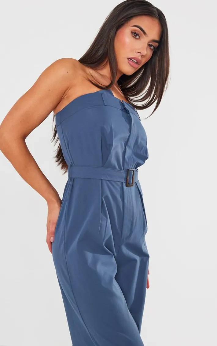 Dark Blue Woven Belted Bandeau Wide Leg Jumpsuit
