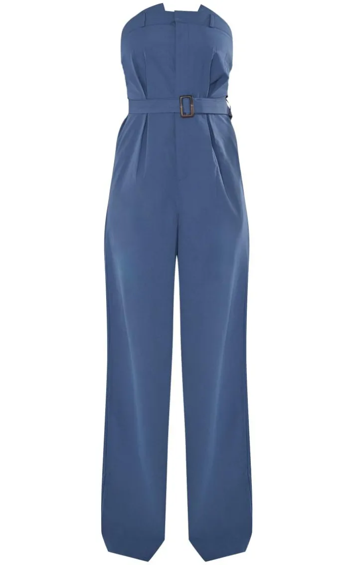 Dark Blue Woven Belted Bandeau Wide Leg Jumpsuit