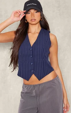 PrettyLittleThing Sleeveless Tops*Woven Striped Fitted Vest